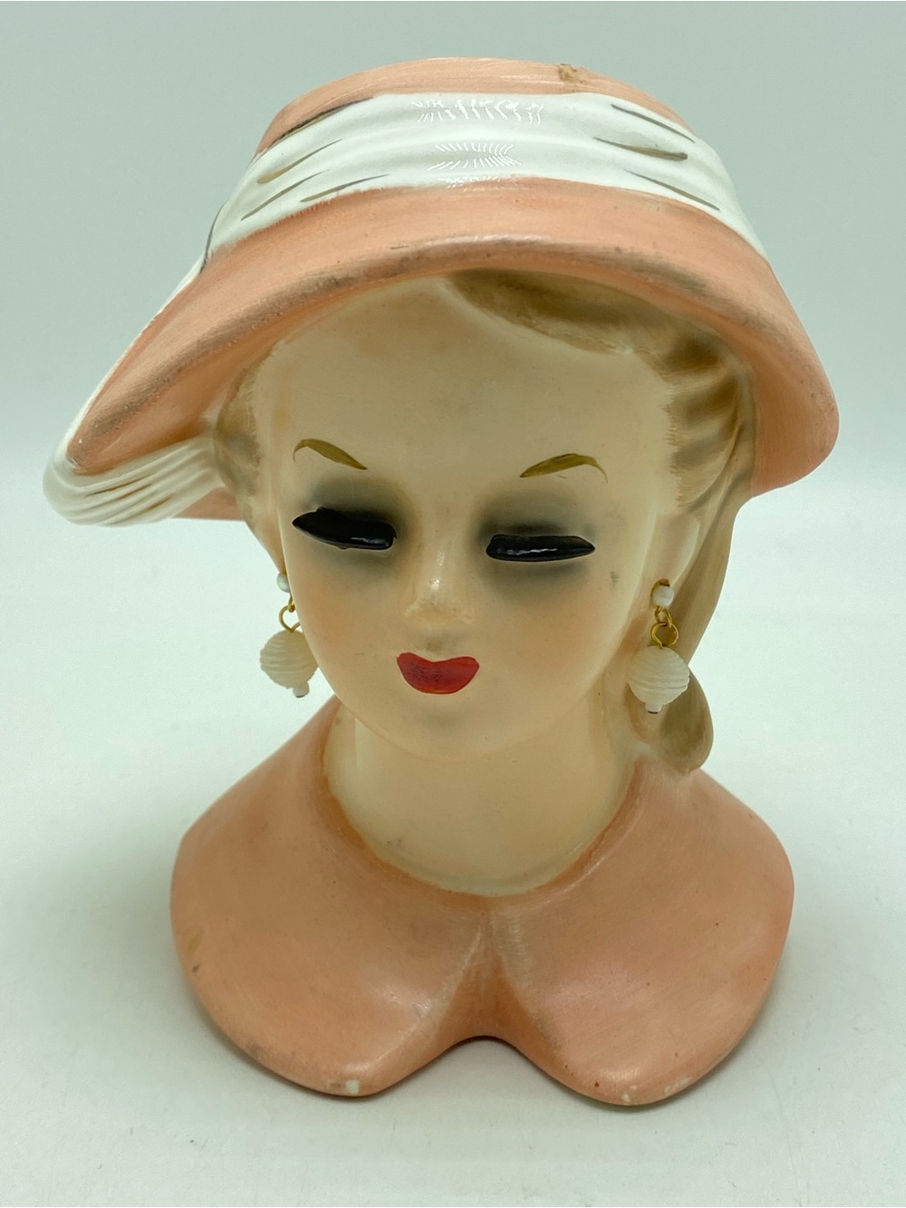 Vintage 1960 Napco Lady Head Vase with Pearl Earrings Peachy